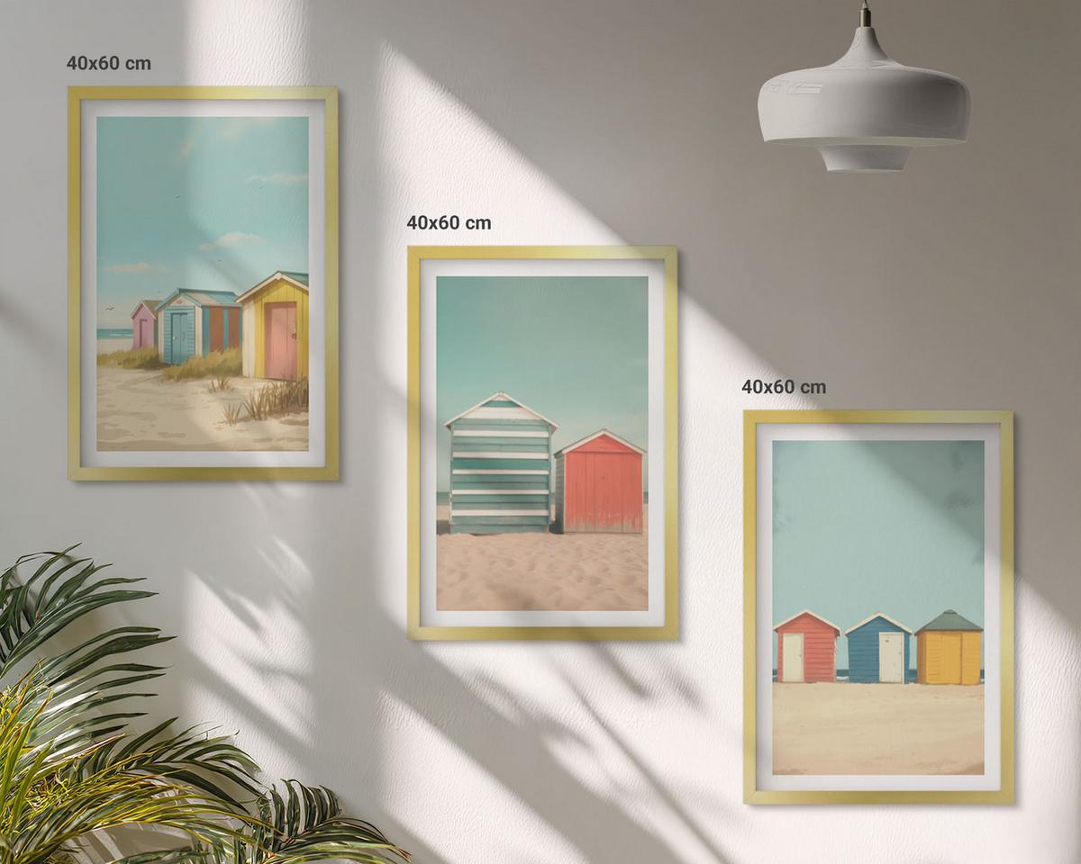 BILDER SET 3er Set - 40x60 cm Goldrahmen - Bunte Häuser, Strand, Sonne - Goldfarben, Kunststoff (40/60cm) - TULUP