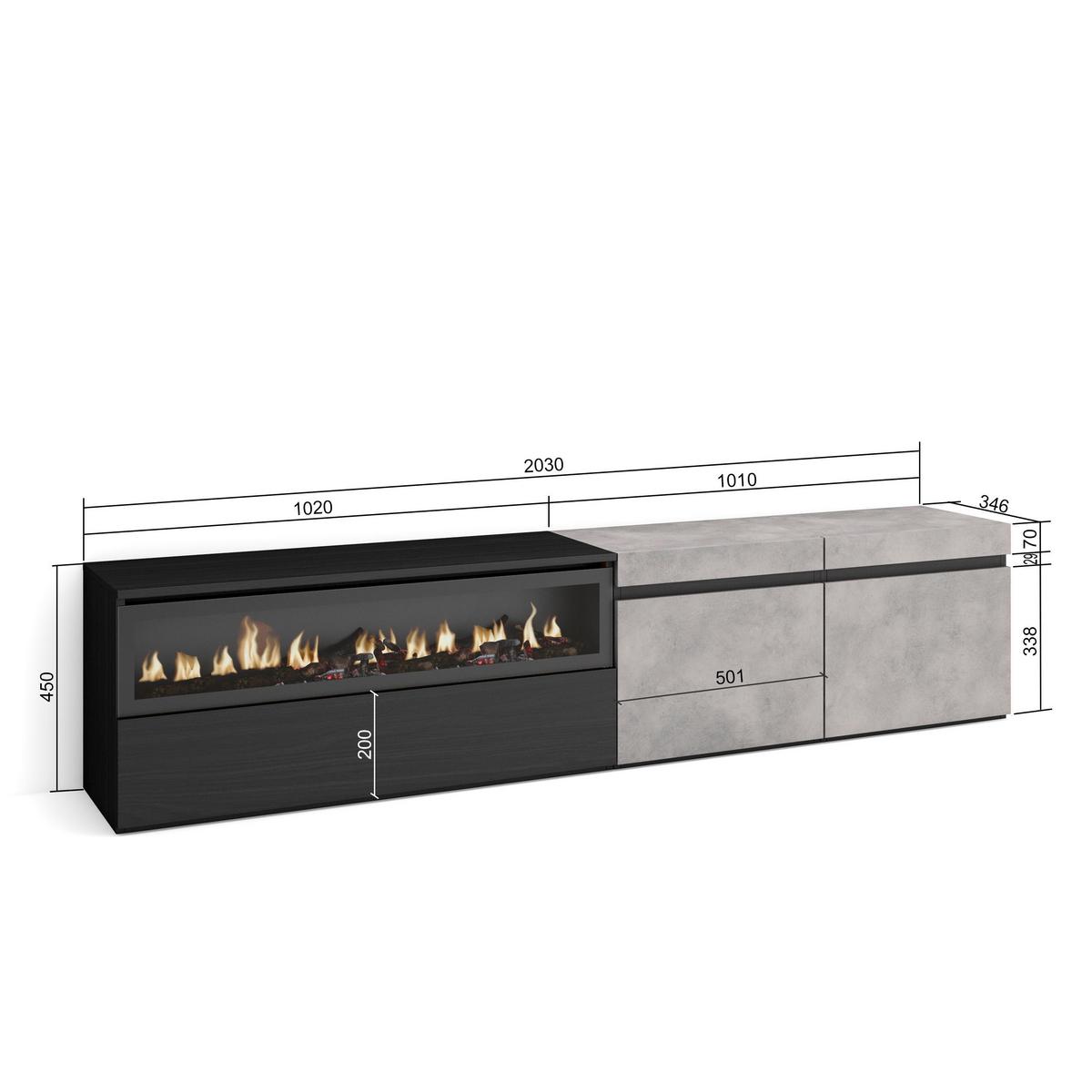 LOWBOARD mit Elektrokamin, Zementgrau, 200/35/45cm - Hellgrau/Grau, Holzwerkstoff (200/45/35cm) - Skraut Home