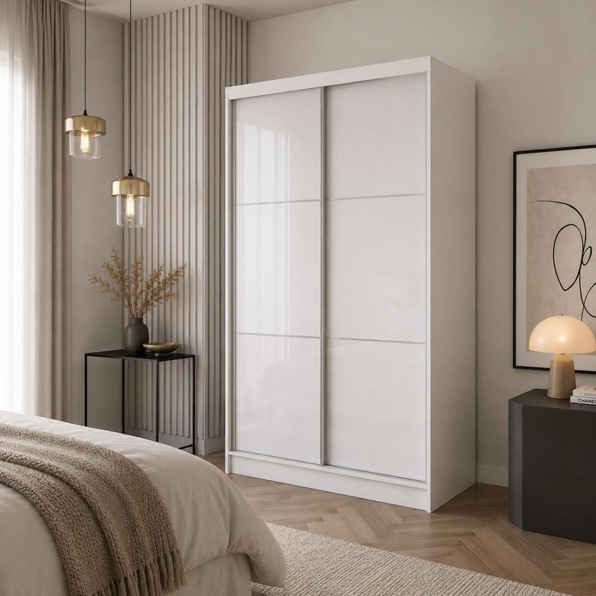 SCHWEBETÜRENSCHRANK Viva 120/216/61 weiß mit Lacobel-Glas - Weiß, Holzwerkstoff (120/216/61cm) - Beautysofa