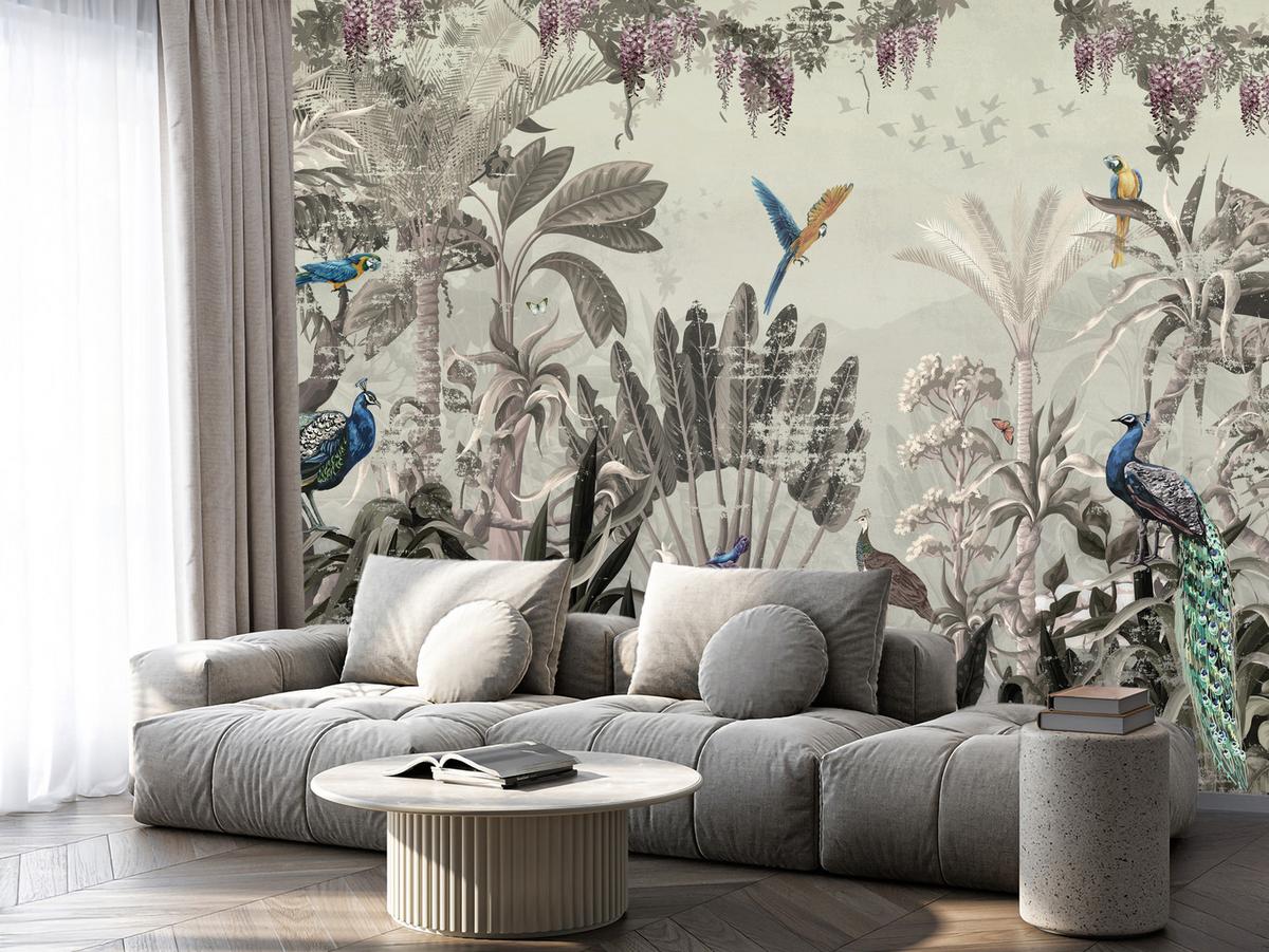 FOTOTAPETE für Wohnzimmer Vintage Tropenwald Palmen Papageien 350x256 - Beige/Grün, Papier (350/256cm) - Muralo
