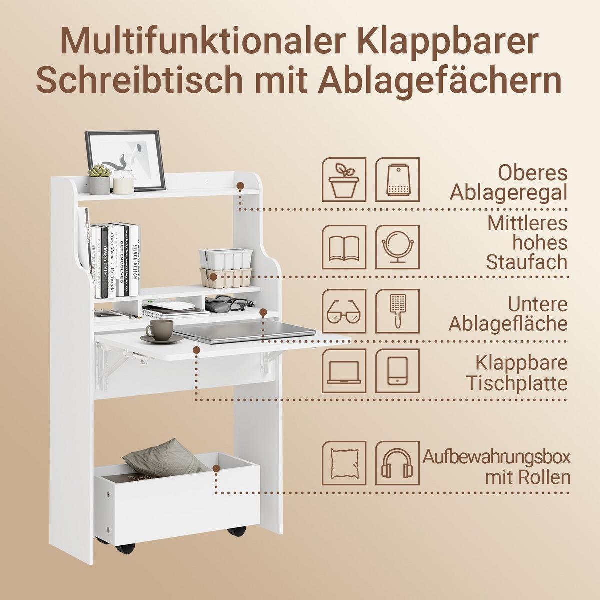 SCHREIBTISCH klappbar mit Aufbewahrungsbox Weiß 64x100,6x63 cm - Weiß, Holzwerkstoff (61/25/100cm) - SoBuy