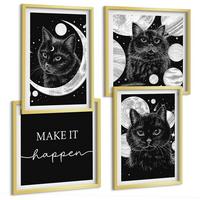 BILDER SET 4er Set - 50x50 cm & 40x60 cm Goldrahmen - Schwarze Katzen, Mond, Planet - Goldfarben, Kunststoff (50/50cm) - TULUP