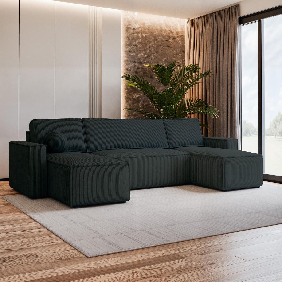 WOHNLANDSCHAFT PESANO P Schwarz Kordstoff mit Schlaffunktion - Schwarz/Grau, Holz/Kunststoff (306/85/140cm) - MASSENO