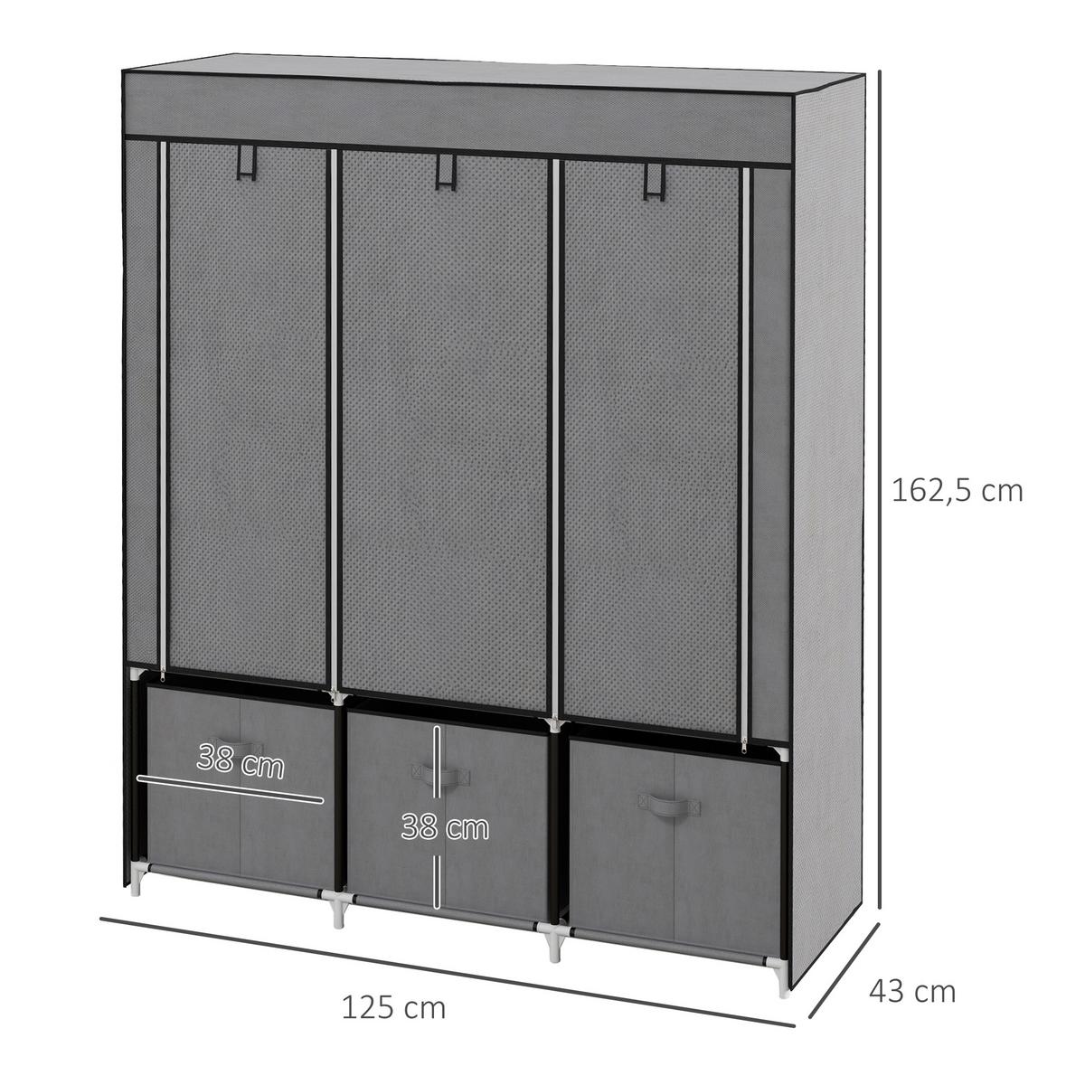 STOFFSCHRANK, Kleiderschrank, Faltschrank mit Reißverschluss, Faltbare Garderobe - Dunkelgrau, Kunststoff/Textil (43/162.5/125cm) - HOMCOM