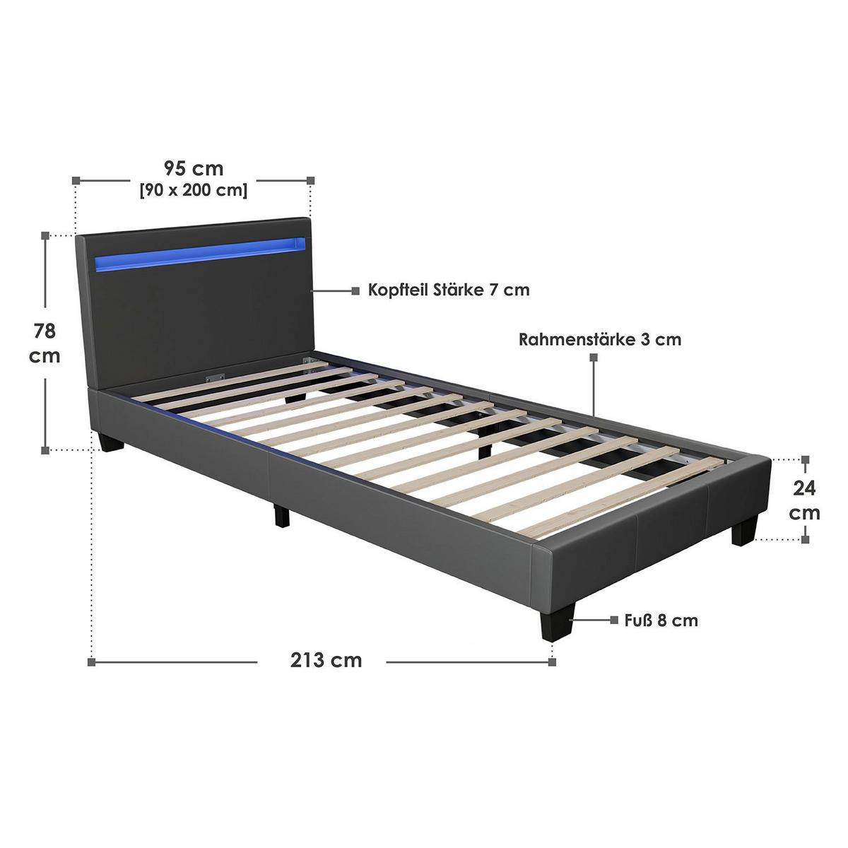 POLSTERBETT Paris mit LED dunkelgrau 90x200cm - Dunkelgrau, Holz (90/200cm) - Juskys