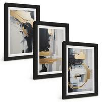 BILDER SET 3er Set - 20x30 cm Schwarzer Rahmen - Abstrakte Schwarz-Weiß-Malerei - Schwarz, Kunststoff (20/30cm) - TULUP