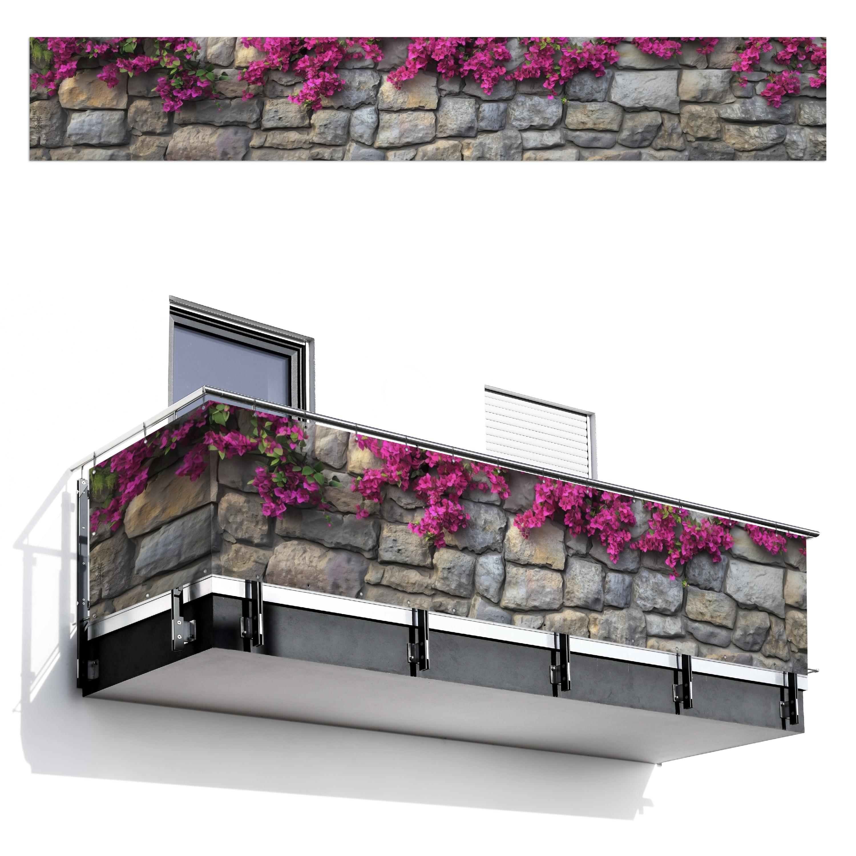 BALKON-SICHTSCHUTZ Bougainvillea - Steinmauer - Rosa Balkon Deko 500x75 cm - Magenta, Kunststoff (500/75cm) - MuchoWow