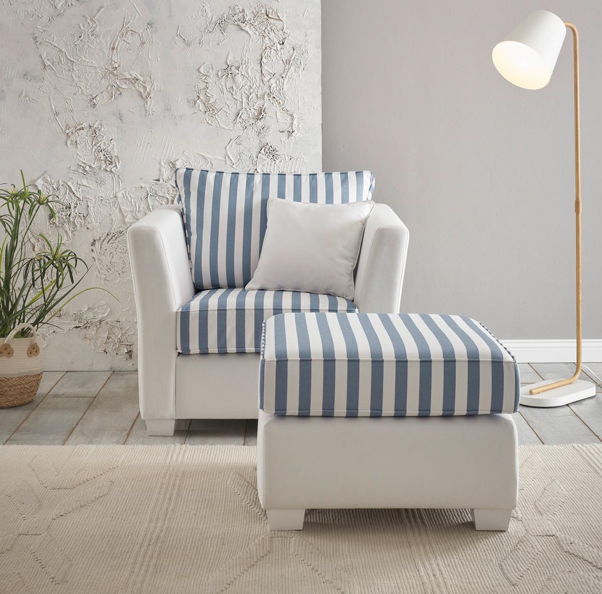 SESSEL creme blau gestreift, Landhaus 95 cm, Loungesessel Set inklusive Hocker - Blau/Creme, Holz/Textil (95/88/161cm) - Furn.Design
