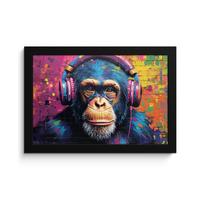 POSTER MIT RAHMENGERAHMTES BILD Graffiti - Schimpanse - Straßenkunst - Kopfhörer - Affe 30x20 cm - Blau, Papier (30/20cm) - MuchoWow
