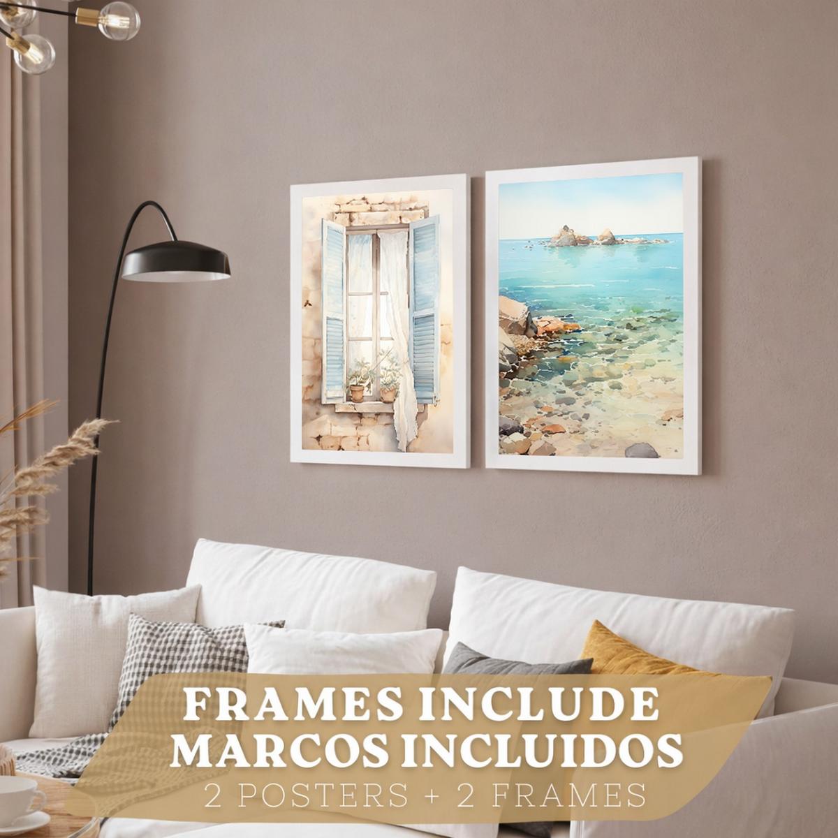POSTER 3er Bilder-Set Wandbilder Meer Relax modern ohne Rahmen – Wohnzimmer Deko, Schlafzimmer, Küche, Badezimmer Weißer Rahmen A4 - Weiß, Papier (29.7/1/21cm) - Nacnic