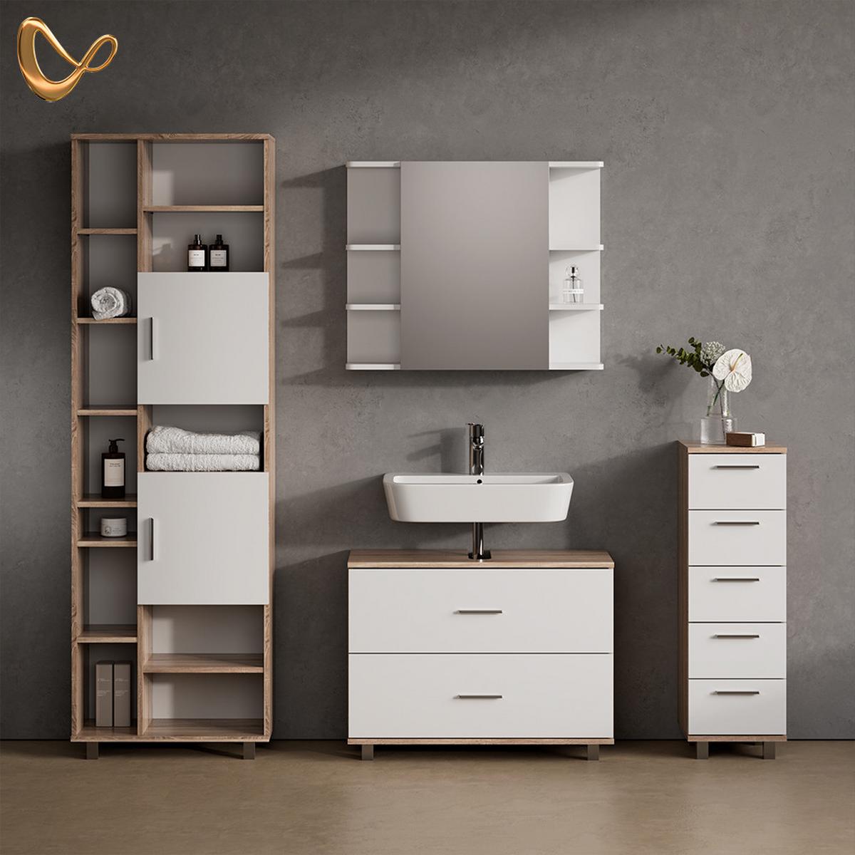 BADMÖBEL-SET Eisak Weiß/Sonoma 4 Teile, mit Hochschrank - Weiß/Sonoma Eiche, Holzwerkstoff (80/60/33cm) - Livinity®