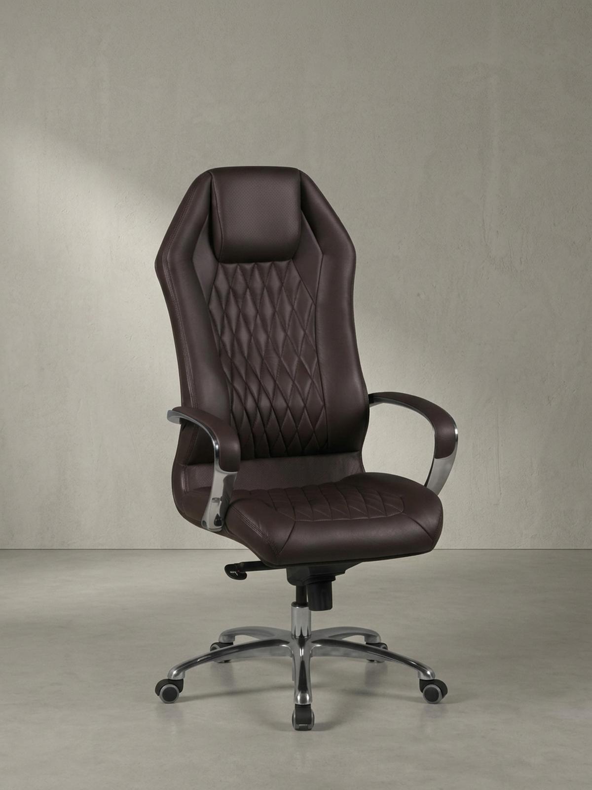 CHEFSESSEL Echtleder mit Multiblockwippmechanik, Lendenwirbelstütze und Aluminiumfußkreuz MILANO, Braun 70x67x136 cm - Silberfarben/Braun, Leder/Metall (70/136/67cm) - KADIMA DESIGN