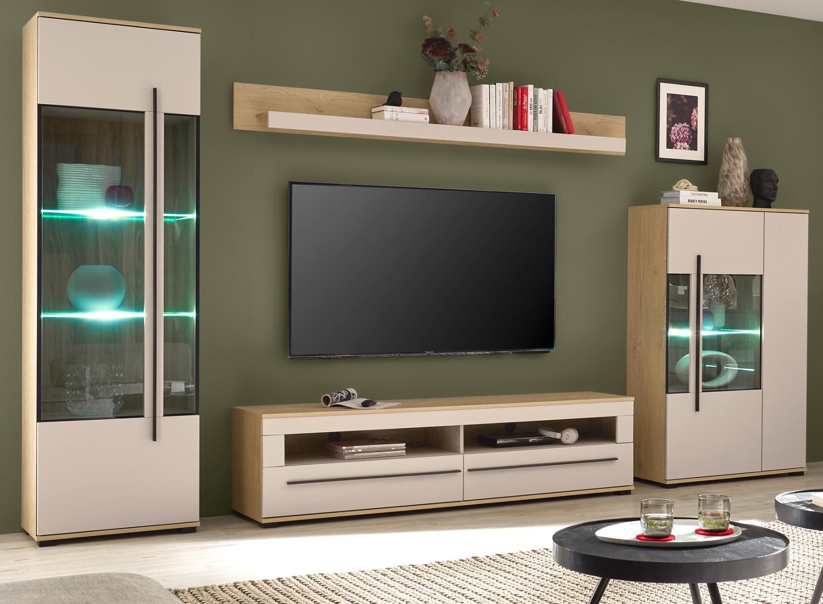 WOHNWAND Kaschmir, Eiche 4-teilig 350 cm, Wohnzimmer-Set mit Soft-Close - Kaschmir/Eichefarben, Glas/Holzwerkstoff (350/200/42cm) - Furn.Design