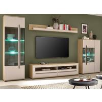 WOHNWAND Kaschmir, Eiche 4-teilig 350 cm, Wohnzimmer-Set mit Soft-Close - Kaschmir/Eichefarben, Glas/Holzwerkstoff (350/200/42cm) - Furn.Design