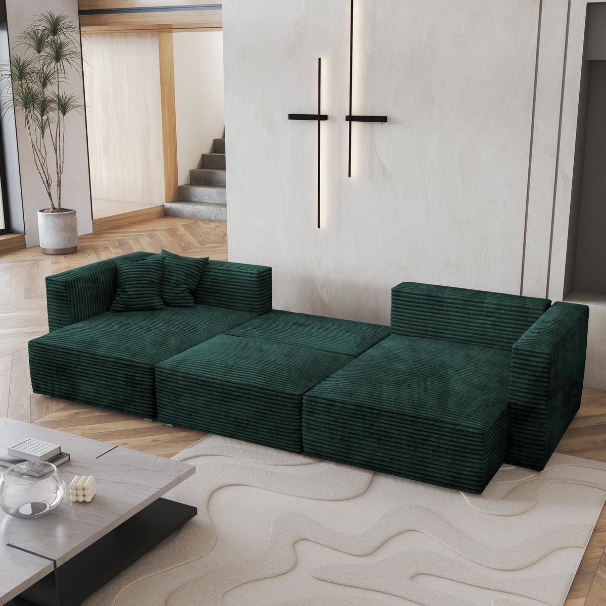 WOHNLANDSCHAFT SARMO Grün Kordstoff mit Schlaffunktion - Grau/Grün, Holz/Kunststoff (347/90/148cm) - MASSENO