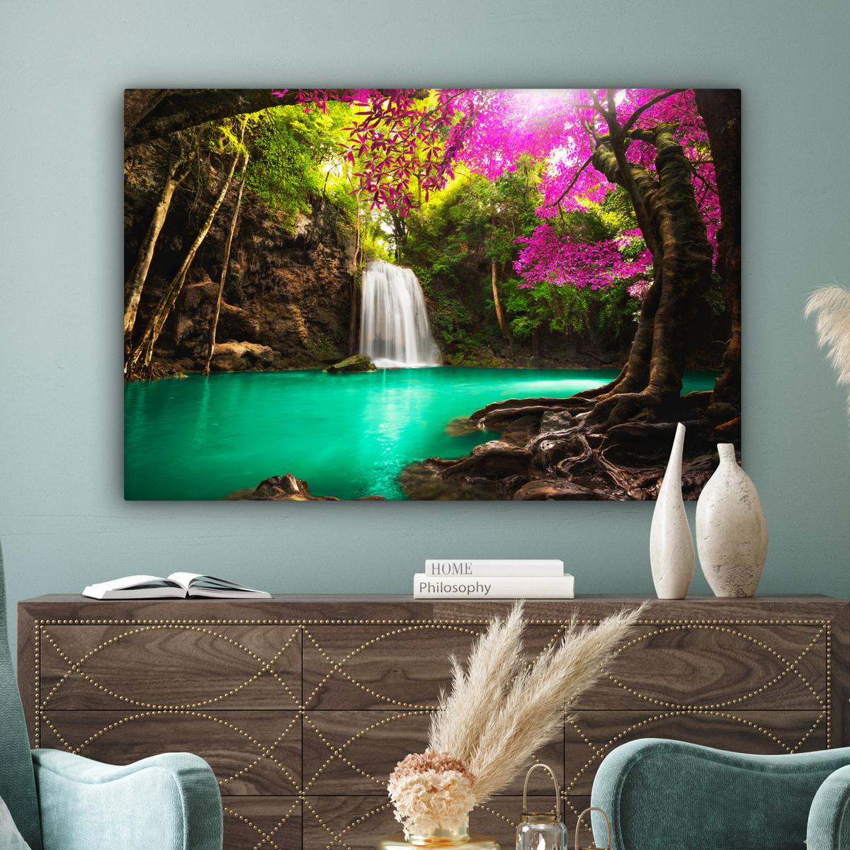 LEINWANDBILD Wasserfall mit bunten Blumen und Bäumen - Natur - Dschungel Groß 140x90 cm - Waldgrün, Textil (140/90cm) - MuchoWow