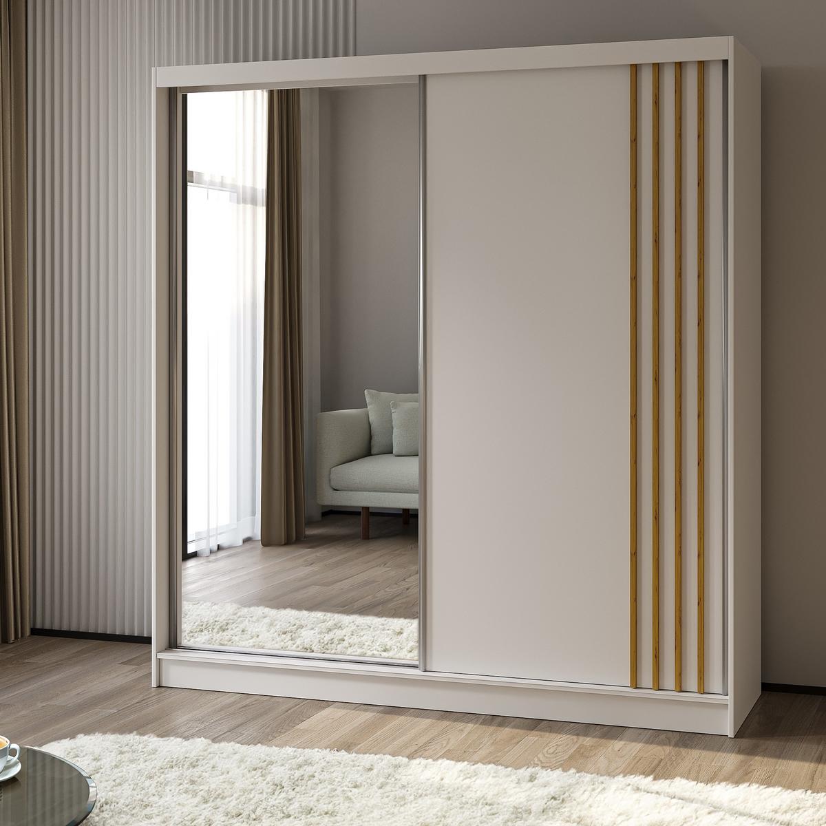 SCHWEBETÜRENSCHRANK NELVIA 200/216/61 cm 2-türig mit Spiegel Weiß - Weiß, Holzwerkstoff (200/216/61cm) - MASSENO