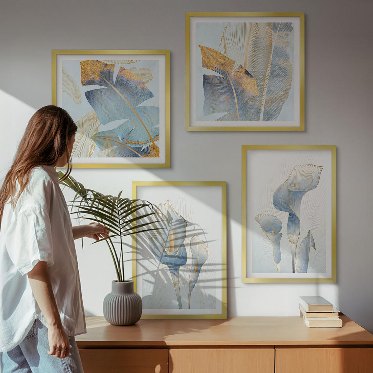 BILDER SET 4er Set - 50x50 cm & 40x60 cm Goldrahmen - Blaue Blumen im Hintergrund - Goldfarben, Kunststoff (50/50cm) - TULUP
