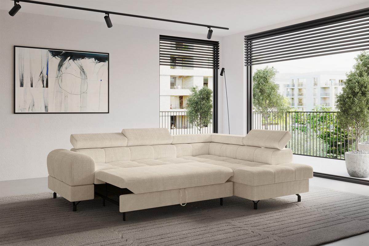 ECKSOFA mit Schlaffunktion Ottomane Rechts LUMA-L 272x203x70 Beige Cord - Beige/Schwarz, Holzwerkstoff/Kunststoff (203/272cm) - ALTDECOR