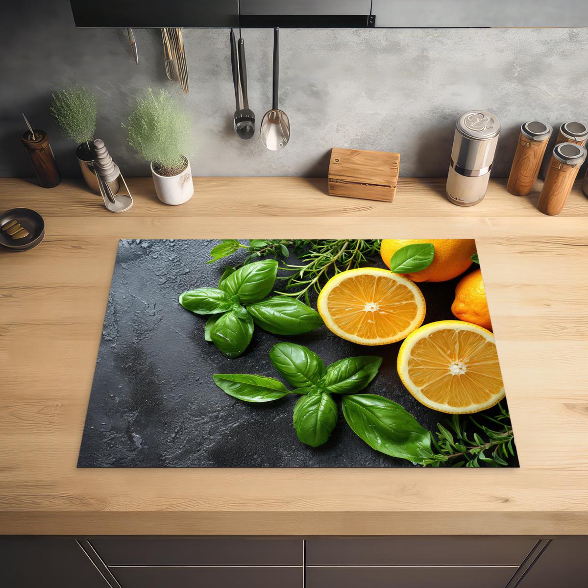 HERDABDECKPLATTE Obst - Grau - Konkret - Orange - Pflanzen Induktionsmatte 71x52 cm - Anthrazit, Kunststoff (71/52/0.2cm) - MuchoWow