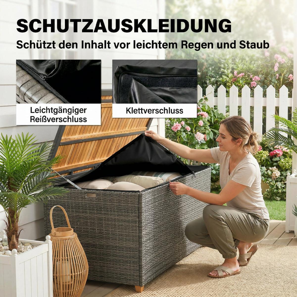 AUFBEWAHRUNGSBOX aus Akazienholz & PE-Rattan, Dunkelgrau - Dunkelgrau, Holz (68/67.5/120cm) - Outsunny