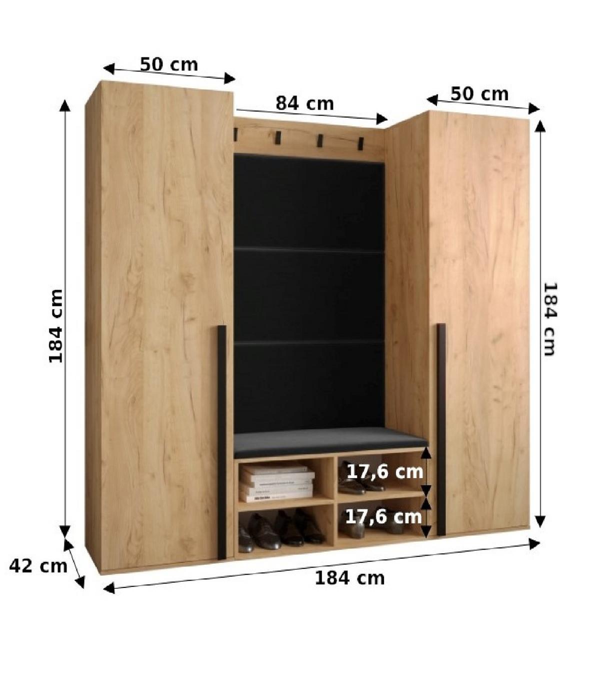 GARDEROBEN-SET 184/184/42 - Eichefarben/Schwarz, Holz/Kunststoff (184/184/42cm) - MÖBEL KRYSPOL