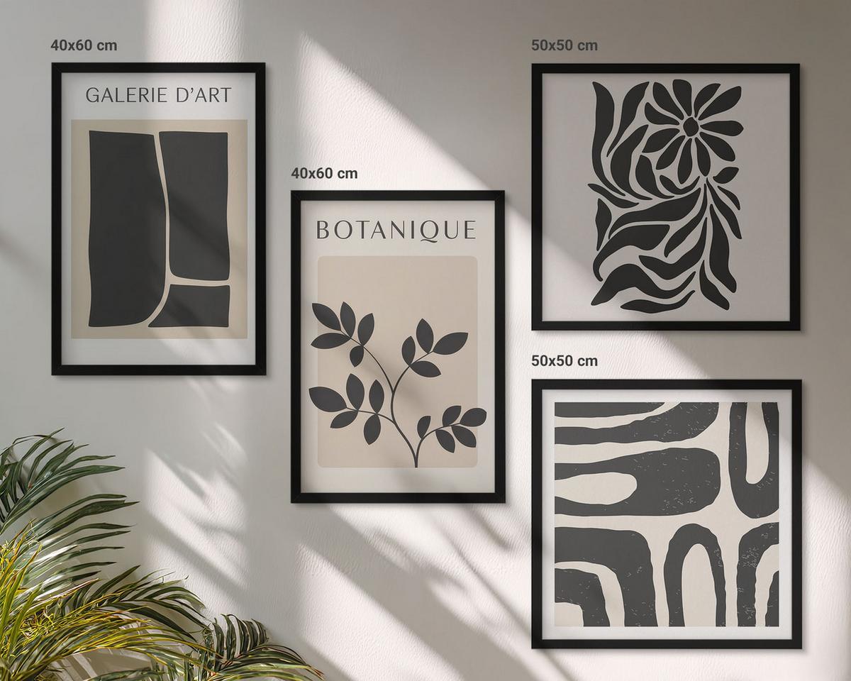 BILDER SET 4er Set - 50x50 cm & 40x60 cm Schwarzer Rahmen - Abstrakte Pflanzenmuster - Schwarz, Kunststoff (50/50cm) - TULUP
