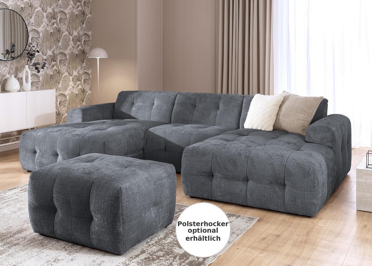 WOHNLANDSCHAFT in U-Form mit raffinierten Steppungen, 6-Sitzer, Wellenunterfederung, B323/T161/H79 cm, Chenille-Bezug in Grau / 21052 - Schwarz/Grau, Kunststoff/Textil (323/79/161cm) - luma-home
