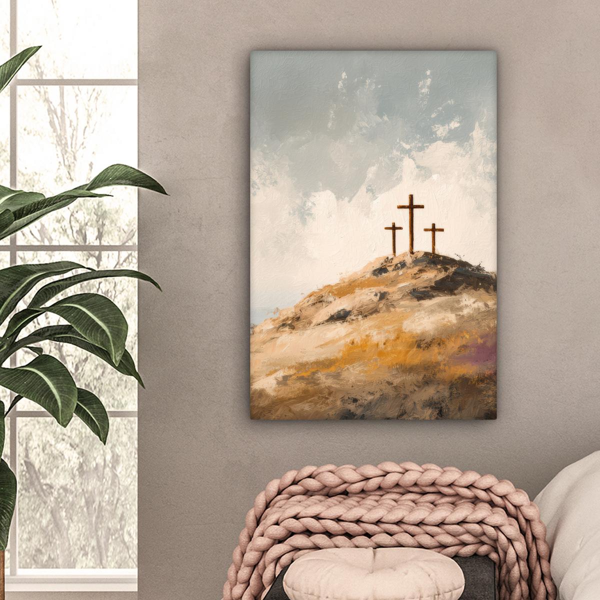 LEINWANDBILD Hügel - Abstrakt - Christentum - Kreuz Wanddeko 40x60 cm - Hellgrau, Textil (40/60cm) - MuchoWow