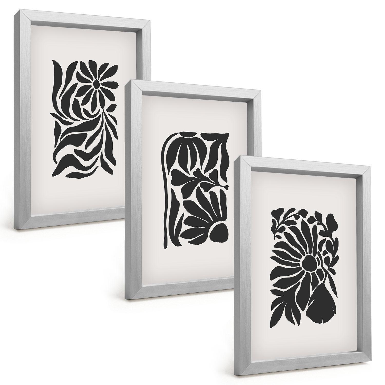 BILDER SET 3er Set - 20x30 cm Silberner Rahmen - Abstrakte Pflanzenmuster - Silberfarben, Kunststoff (20/30cm) - TULUP