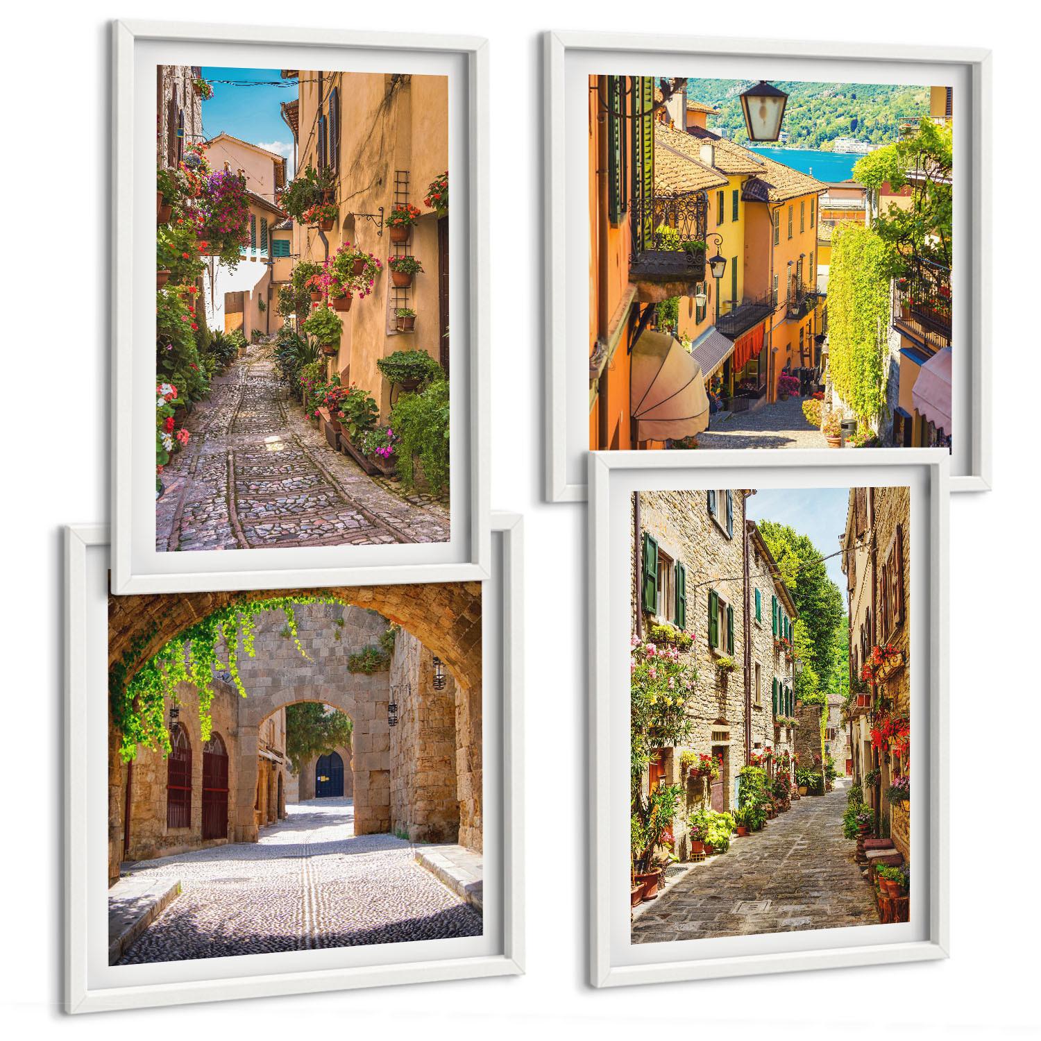 BILDER SET 4er Set - 50x50 cm & 40x60 cm Weißer Rahmen - Italienische Straßen, Blumen, Architektur - Weiß, Kunststoff (50/50cm) - TULUP