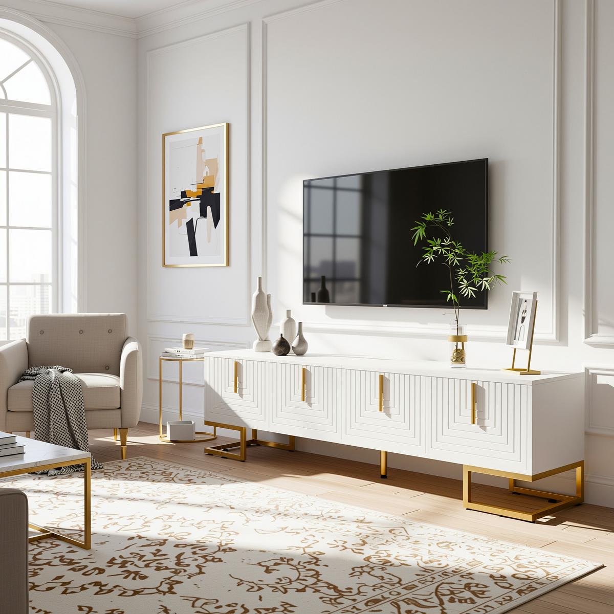 TV-SCHRANK Weiß mit Goldbeinen & 4 Türen Geometrisches Design 170×45 cm - Sonoma Eiche, Holzwerkstoff (170/46/40cm) - Urban Meuble