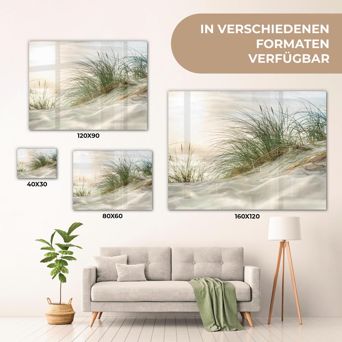 ACRYLGLASBILD Dünen mit Strandhafer in der Sonne des Nationalparks Schleswig-Holsteinisches Wattenmeer 80x60 cm - Creme, Glas (80/60cm) - MuchoWow