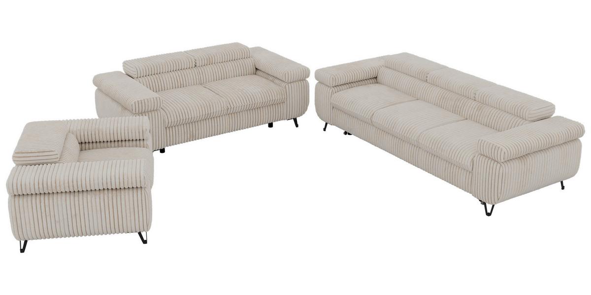 SITZGARNITUR PETER 1+2+3 mit Schlaffunktion - Beige Cord - Beige/Creme, Textil/Metall (262/76/99cm) - MKS