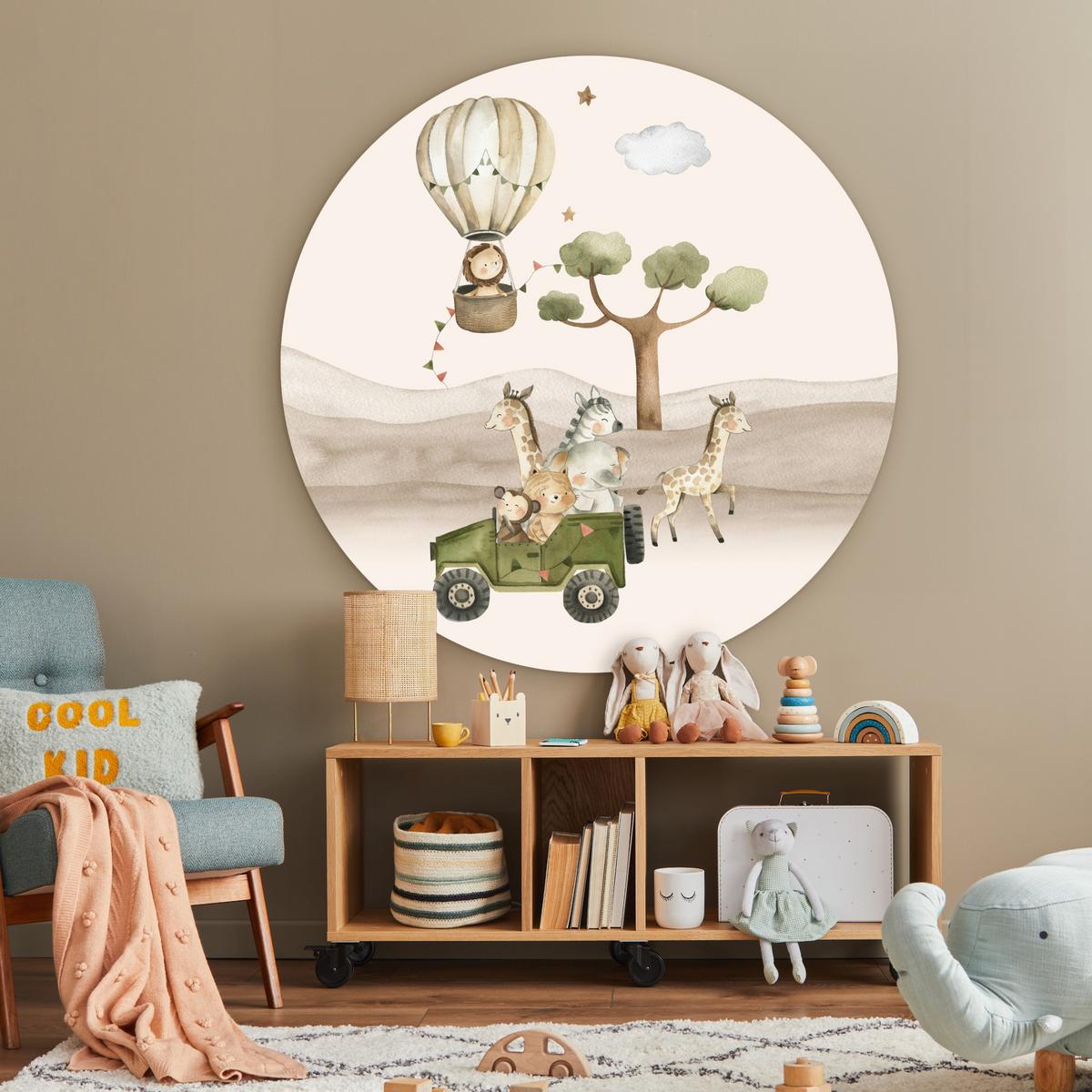 WANDBILD Wilde Tiere - Safari - Aquarell - Heißluftballon Room Decor 140x140 cm - Beige, Kunststoff (140/140cm) - MuchoWow