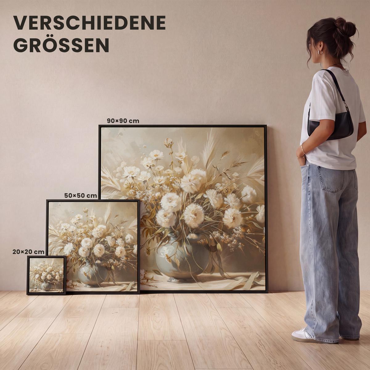 LEINWAND Bilder mit Rahmen - Blumen - Vase - Stilleben - Beige - 90x90 - Creme, Textil (90/90cm) - MuchoWow
