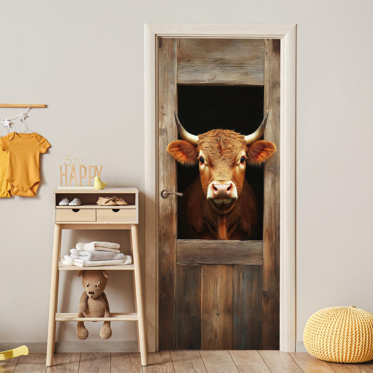 TÜRAUFKLEBER Kuh - Fenster - Holz - Tiere 80x215 cm - Türtapete - Wengefarben, Kunststoff (80/0.1cm) - MuchoWow