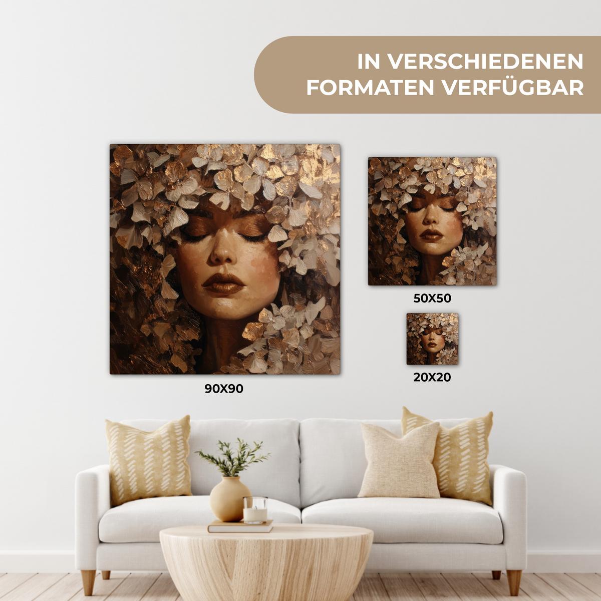LEINWANDBILD Gesicht - Dame - Blätter - Pinselstriche Deko Groß 90x90 cm - Goldfarben, Textil (90/90cm) - MuchoWow