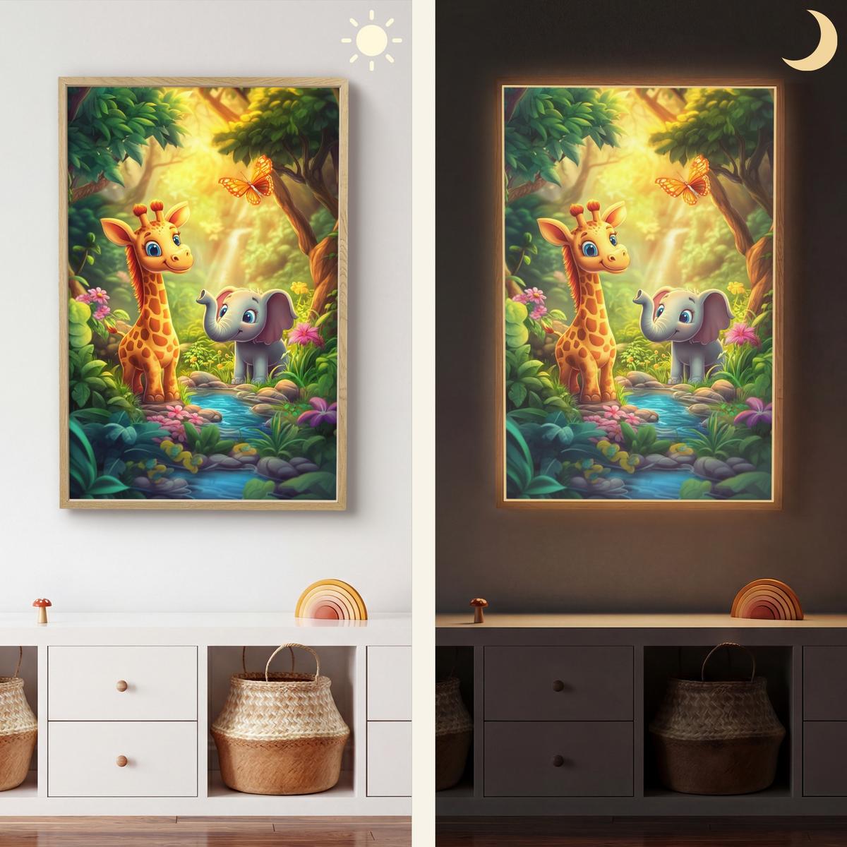 WANDLEUCHTE MIT AKKU Giraffe - Elefant - Blumen - Dschungel 70x100 cm - Grün, Holzwerkstoff (70/100/8cm) - OnlyWow