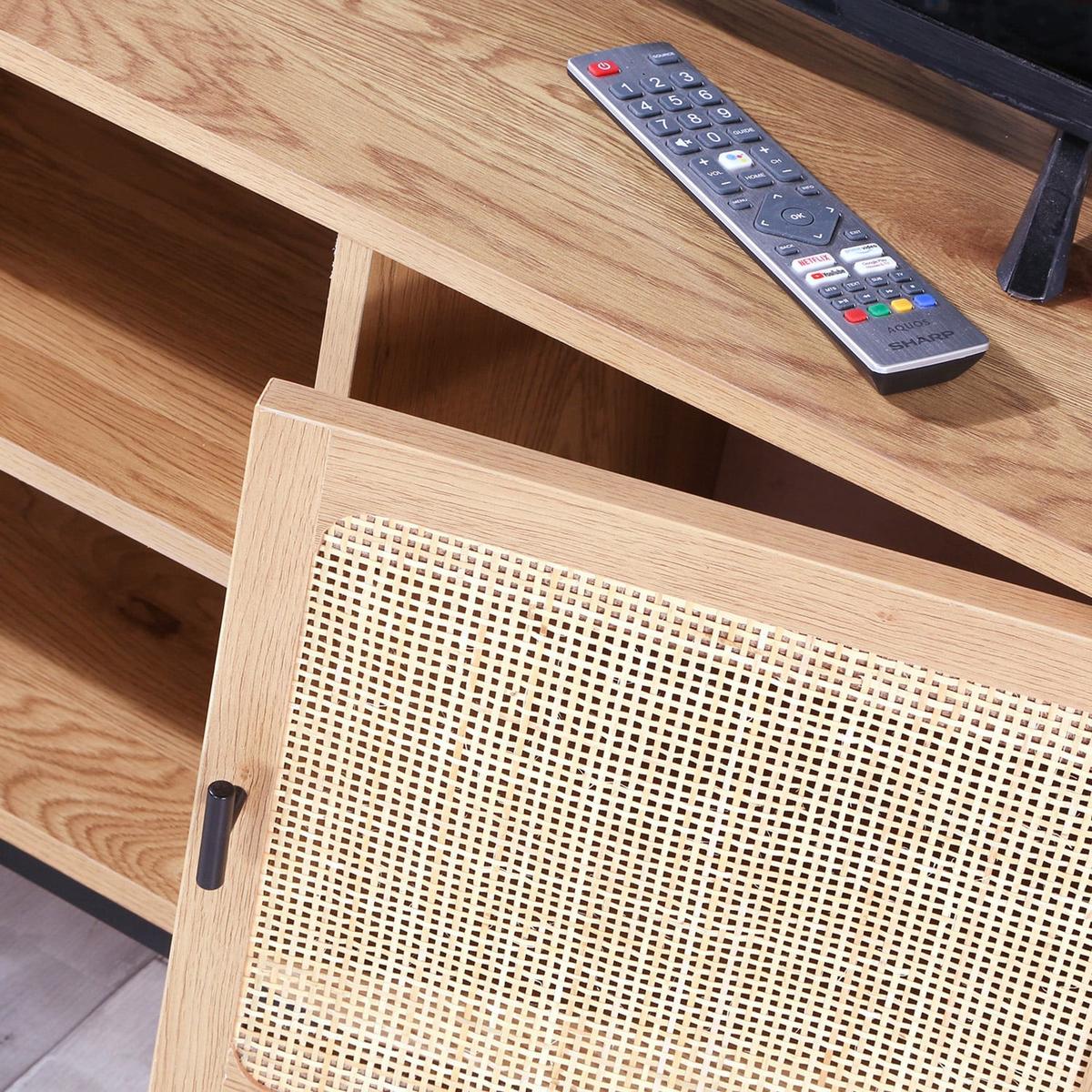 TV-MÖBEL mit 2 Türen, Rattangeflecht und 2 Ablagen - L120cm - Eschefarben, Holzwerkstoff (39/51/45cm) - Calicosy