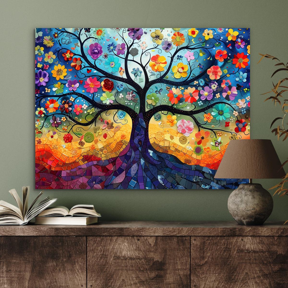 METALLBILD Kunst - Baum des Lebens - Blumen - Hippie 80x60 cm - Dunkelblau, Metall (80/60cm) - MuchoWow