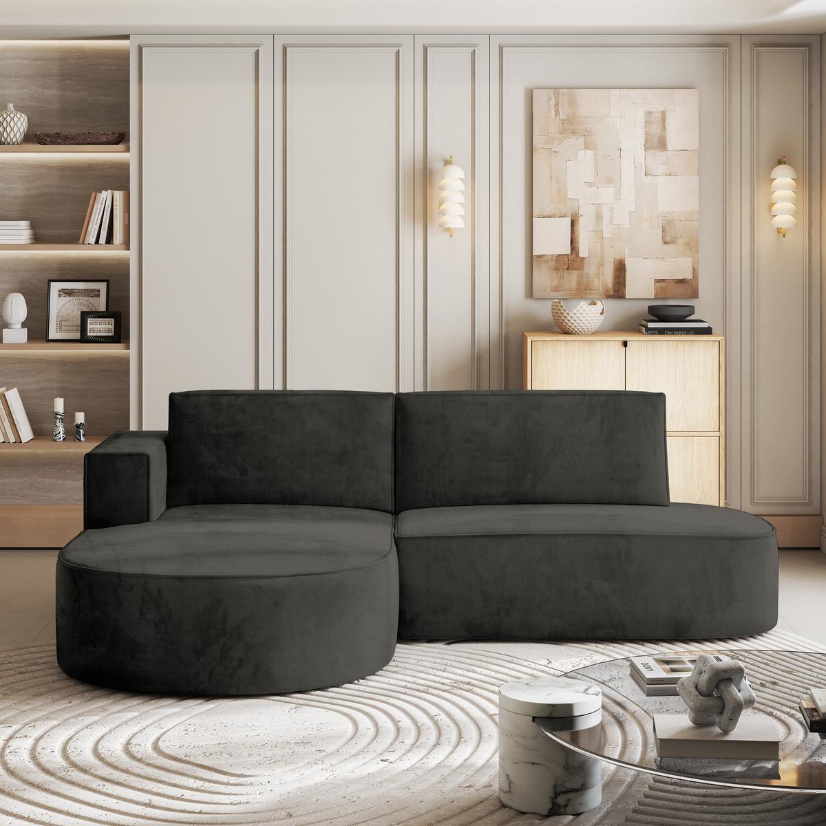 ECKSOFA CORTIO M L-S Schwarz Velours-Stoff mit Schlaffunktion - Schwarz/Grau, Holz/Kunststoff (265/174cm) - MASSENO