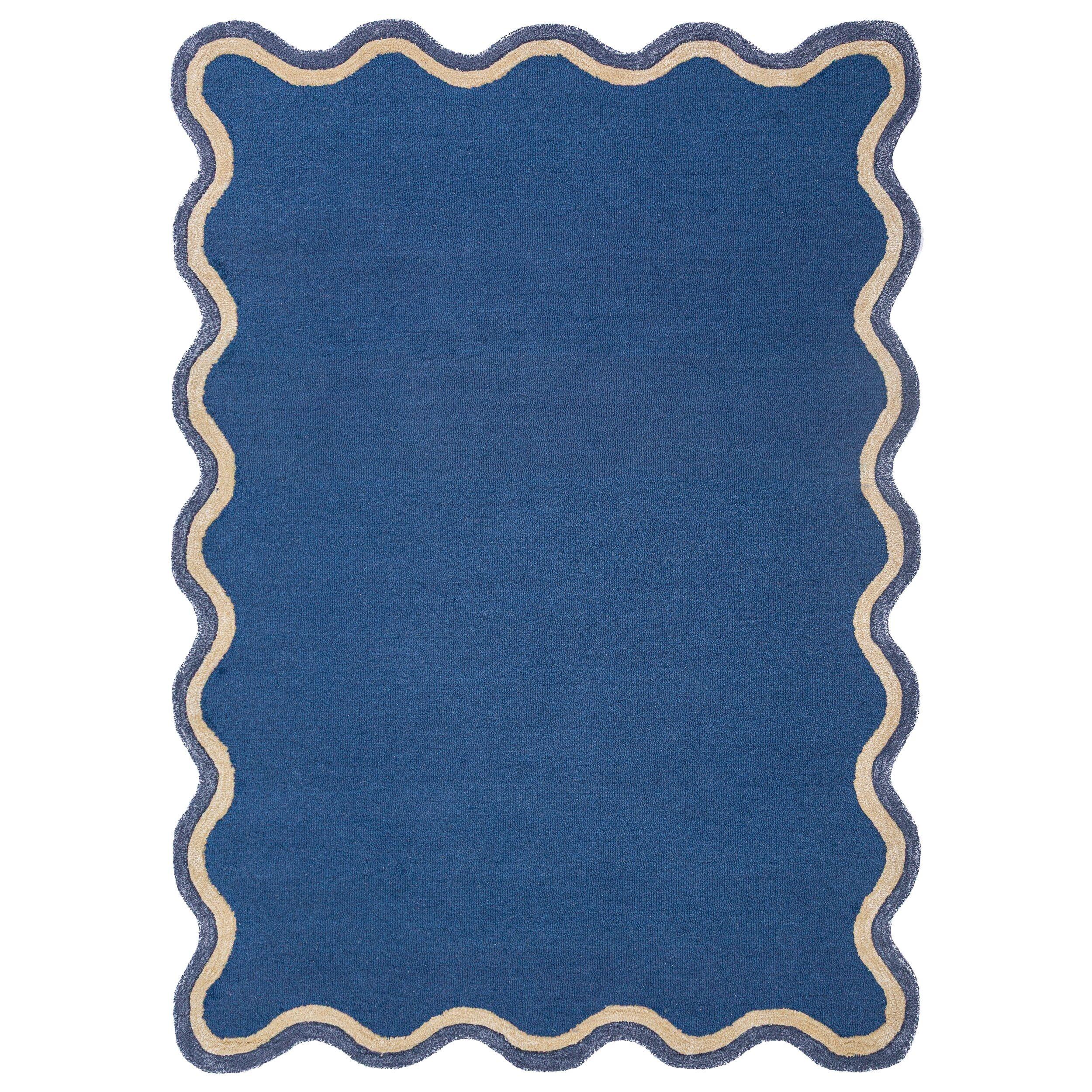 TEPPICH aus Wolle, handgetuftet, ALHAM, in Marineblau, Wellenbordüre, 160 x 230 cm - Blau, Textil (160/230cm) - KADIMA DESIGN