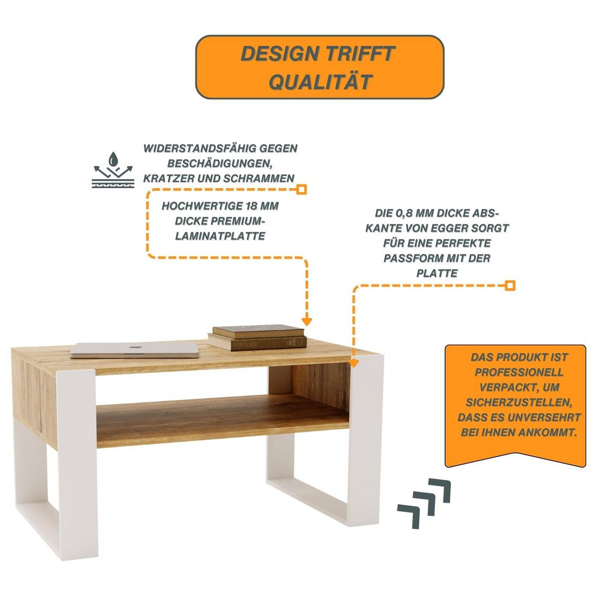 COUCHTISCH Holzwerkstoff rechteckig stabil Kiefer Milford 45/53,6/92cm - Kiefer Milford/Weiß, Holzwerkstoff (53.6/92/45cm) - CraftPAK