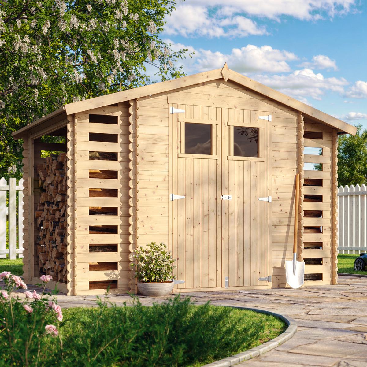 HOLZHAUS GARTENHAUS mit Brennholzschuppen M391+M391G - mit imprägniertem Boden- 3,53 + 0,97 + 0,97 m2 - Beige, Holz (328/218/206cm) - Timbela