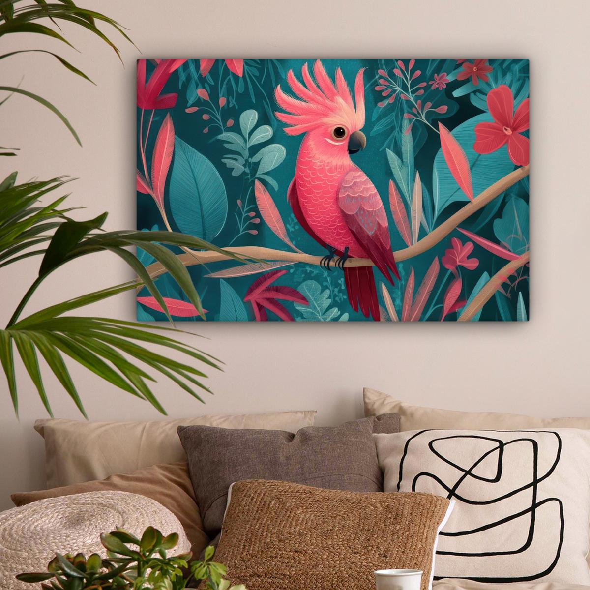 LEINWANDBILD Kakadu - Tropische Blätter - Zweig Gemälde 60x40 cm - Petrol, Textil (60/40cm) - MuchoWow
