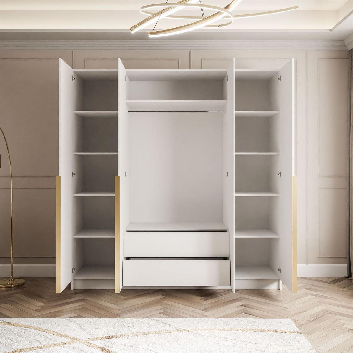 KLEIDERSCHRANK AUREL 4D mit goldenen Griffen - Weiß Hochglanz/Goldfarben, Holzwerkstoff (200/200/57cm) - Lookway