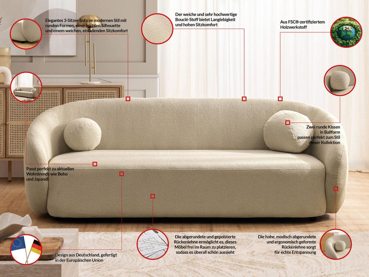 3-SITZER-SOFA Roundi Beige Bouclé - Beige/Schwarz, Holz/Kunststoff (208/76/80cm) - S-Style Möbel