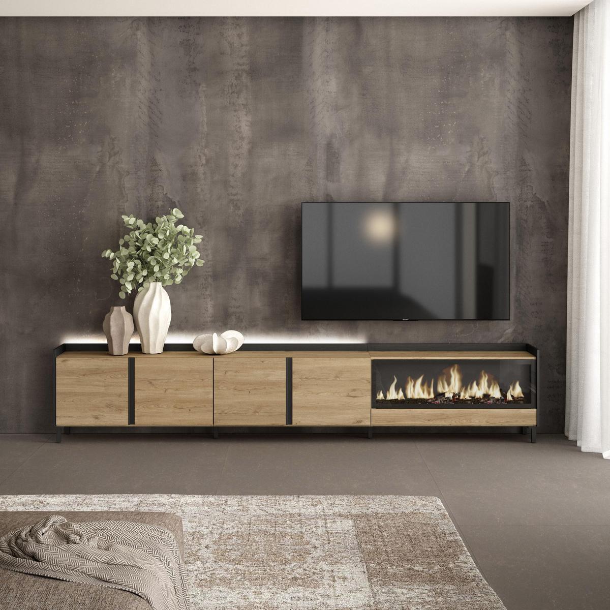 LOWBOARD, Eiche und Schwarz, 315/35/61cm, Kamin mit Feuereffekt XXL - Eichefarben, Holzwerkstoff (315/61/35cm) - Skraut Home