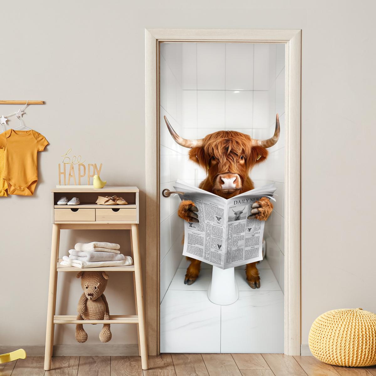 TÜRAUFKLEBER Scottish Highlander - Zeitung - WC - Tier Fototapete 75x205 cm - Türtapete - Weiß, Kunststoff (75/0.1/205cm) - MuchoWow